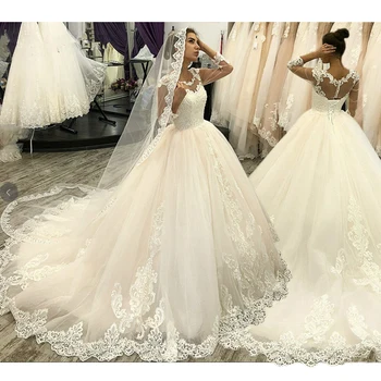 Afrikos Dramblio Kaulo Princesė Nėrinių Vestuvių Suknelė 2021 Vien Kaklo, Ilgomis Rankovėmis Atgal Nėrinių Su Mygtuką Kamuolys Tiulio Suknelė Vestuvių Suknelės