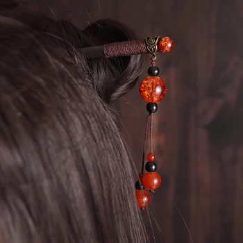 Klasikinės Medinės Tradicinę Kinų Stiliaus Plaukų Clips Moterų Elegantiškas Raudonas Cirkonis Pakabukas Plaukų Aksesuarai Šalis, Laisvalaikio Reikmenys