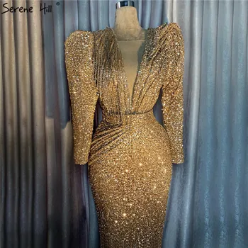 Dubajus Dizaino Aukso V-Kaklo, Seksualus Vakaro Suknelės 2023 ilgomis Rankovėmis Duobute Blizgučiais Oficialų Suknelė Realios Foto LA70006