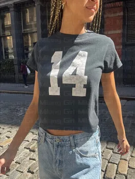 Mielas Skaičius 14 Spausdinti trumpomis Rankovėmis T-Shirt Y2k Punk Vasaros Atsitiktinis Slim Pasėlių Viršuje Derliaus Moterų Streetwear Seksualus Grunge Pasakų Tees