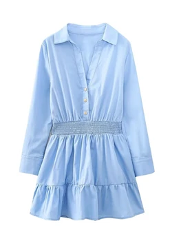 YENKYE Naujas 2023 Moterų Šviesiai Mėlyna Suknelė Vintage Elastinga Juosmens ilgomis Rankovėmis Moteriška Atsitiktinis Mini Vestido