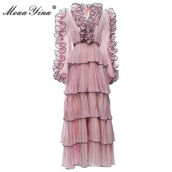 MoaaYina Mados Dizaineris suknelė Vasaros Moterų Suknelė su V-Kaklo, Žibintų Rankovės Domino Flounces Rožinės Suknelės
