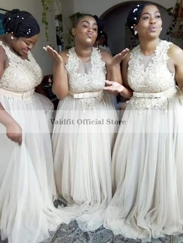 Ilgai Linijos, Smėlio Bridemaid Suknelės su Diržu Afrikos Juodieji Merginos Vestuves Suknelė Vestido Dama De Garbę Largo