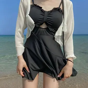 2023 Naujausias Moterims Seksualus maudymosi kostiumėlį Vienas Gabalas Monokini Su Dangčiu-iki Ponios Paplūdimio Drabužiai Paminkštinta Push Up Vasaros Bikinis Nustatyti, Juoda