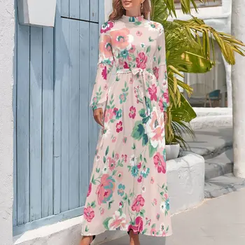 Ilgomis Rankovėmis Moteris Oficialų Maxi Suknelė Elegantiškas Raišteliu Aukšto Juosmens Traf Dėvėti Vintage Gėlių Spausdinti Vienas Gabalas Veatidos 2023 Naujas