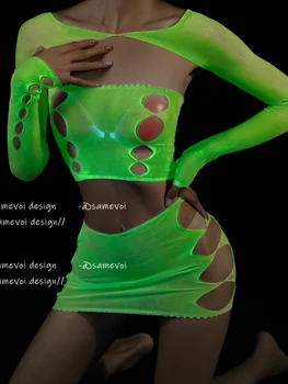 Egzotiškas Tinklelio Nėriniai Noctilucent Fluorescencijos Elastingumą Mini Suknelė Karšto Seksualus Egzotiška Korėjos Moterų Viršūnių 2023 Saldus M929