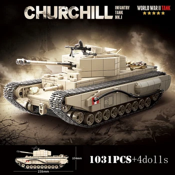Karinės Pasaulinio Karo UK Ginklų Churchill Matilda II Pėstininkų Tankas Blokai WW2 Armijos Karių Mieste Plytų Žaislai Vaikams