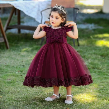 Vasaros Krikšto Pink Gėlių Ceremoniją 1 Metų Gimtadienio Suknelė Baby Girl Drabužiai Nėrinių Princesė Lankas Šalies Bamblys Vaikams Drabužių