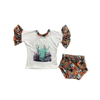 Kūdikis, Kūdikis, Vaikas, Merginos Kelnes 2vnt Nustatyti Trumpas Rankovės Jaučio Galva, Print T-shirt su Flare Kelnės Atsitiktinis Apranga mados bummie rinkiniai
