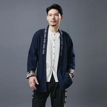 2021 Mens Marškinėliai Kinų Stiliaus Vyrų Marškinėliai Retro Kimono Megztinis Vyrams Hanfu Elegantiškas Camisa Derliaus Siuvinėjimo Azijos Drabužių KK3466