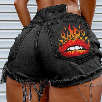 Y2K Mados Asmenybės Lūpų Modelio Spausdinimo Kišenėje Aštrus Mergina Hip-Hop Skylę Kutas Džinsinio Šortai Karšto Pants