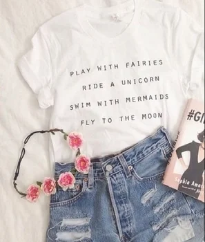 Moterų Mielas Tumblr Stiliaus Baltos Raidės Spausdinti Marškinėliai Topai Žaisti Su Laumės Važiuoti Vienaragis Plaukti Su Undinės Skristi Į Mėnulį