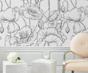 Individualizuotos dailės freskos Paprasta šiuolaikinės ranka-dažytos juoda ir balta linija gėlių tapetai Restoranas, sofa-dekoratyvinių tapetų