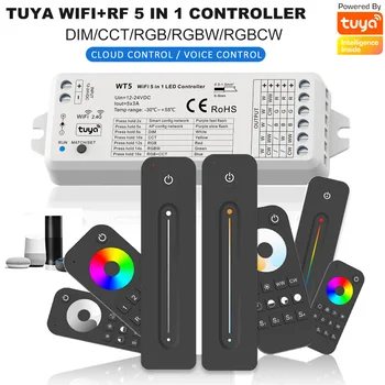 WT5 Tuya Wifi LED Valdiklis 5 in 1 Dimeris DC12V 24V RGB RGBW RGBCCT LED Juostelės RF 4-Zone Touch Remote 