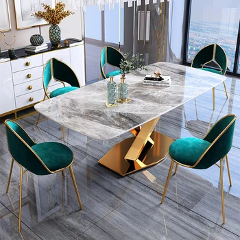 Roko plokštė valgomasis stalas šviesos prabangūs modernios paprasta high-end marmuro stačiakampio formos namų valgomojo stalas, kartu kėdė