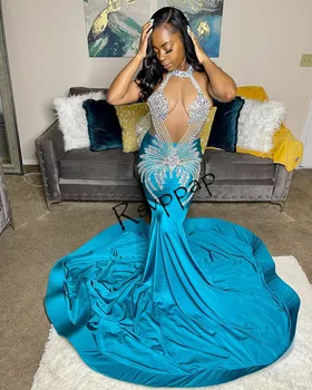 Diamond Blue Prom Dresses 2023 Prabangus Sidabro Kalnų Krištolas Pamatyti Per Viršų Afrikos Juodieji Mergina Undinė Ilgai Moterų Suknelės, Šaliai