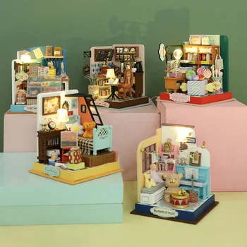 Mini Medinių Lėlių Karamelinis Desertas Parduotuvė Miniatiūriniai Baldų Komplektas, Kavos Parduotuvės 