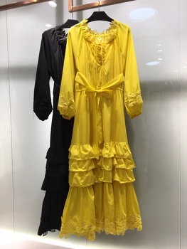 Iki 2023 m. pavasarį naujas nėrinių nėrinių apykakle ilgomis rankovėmis suknelė, tortas hemline su diržo apsirengti viršutinę kūno lieknėjimą