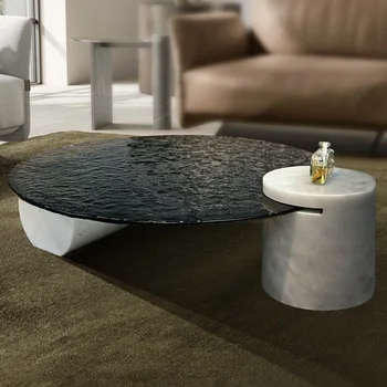 Italijos high-end natūralaus marmuro apskrito vandens čiurlenimu stiklo žurnalinis staliukas, gyvenamasis kambarys modelis kambario dizainerio kūrybos kavos staliukas