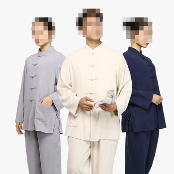 Unisex Mėlyna/Kavos Medvilnės&Lino Profanas Drabužių Kung Fu Zen kostiumai Budistų Vienuolis, Meditacijos Uniformas Tango Kostiumas