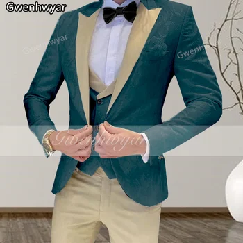 Gwenhwyfar Aukštos Kokybės vyriški Vestuvių Tuxedos 2023 Piko Atvartas Vyrų Kostiumas Kelnės Tamsiai Žalia Žakardo Kailio Liemenė 3 vnt Rinkinys