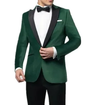 Mados Green Velvet Vyrų švarkas Prom Šalis Vestuvių individualų užsakymą Jaunikis vieną mygtuką Smokingas terno masculi（žalia striuke+juodos kelnes)