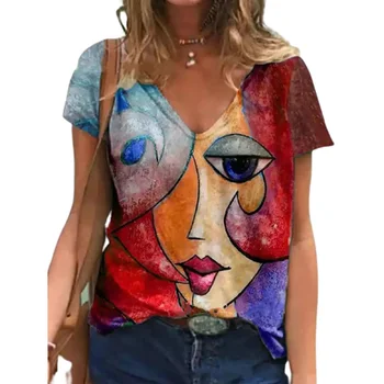 Iš kubistų Tapybos 3D Atspausdintas T-Shirt Moterims, Abstrakčius Portretus T Shirts Derliaus Negabaritinių V-Kaklo Streetwear Tees Harajuku Y2k Viršūnės