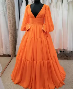 Oranžinė Vakarinės Suknelės 2023 Ilgą Šifono Giliai V Kaklo Bžūp Visą Rankovėmis Klostes Oficialią Šalies Prom Chalatai Ypatinga Proga Moterys