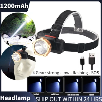 1200mAh Portable LED Žibintų USB Įkraunamas Žibintuvėlis atsparus Vandeniui 4 Pavara priekinis Žibintas Galingas Kempingas Žibintų Galvos Žibintuvėlis