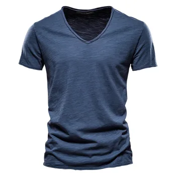 Vyriški Prekės Grynos Medvilnės T-shirt V-kaklo Mados Dizaino Slim Fit marškinėliai Formuoja Vyrų Viršų Naujas Vasaros marškinėliai trumpomis Rankovėmis