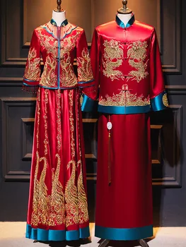 Rytų Senovinių Vestuvių Suknelė Pora Siuvinėjimo Phoenix Cheongsam Rafinuotas Pokylių Stilingas, Elegantiškas Bride китайская одежда
