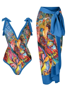 Įvairių spalvų Spausdinta V-kaklo Derliaus Elegantiškas Blue Resort Atsitiktinis Nėriniai-up maudymosi kostiumėlį Ir apimantis 2023 Vasarą Moterys Naujausias Stilius